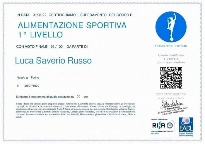 Luca Russo alimentazione e integrazione sportiva
