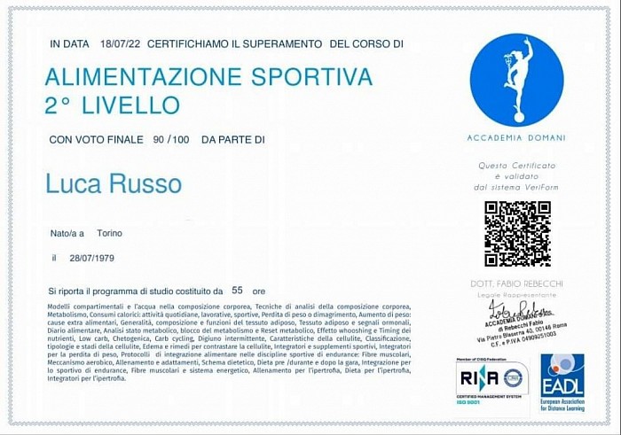 Certificato alimentazione sportiva di secondo livello